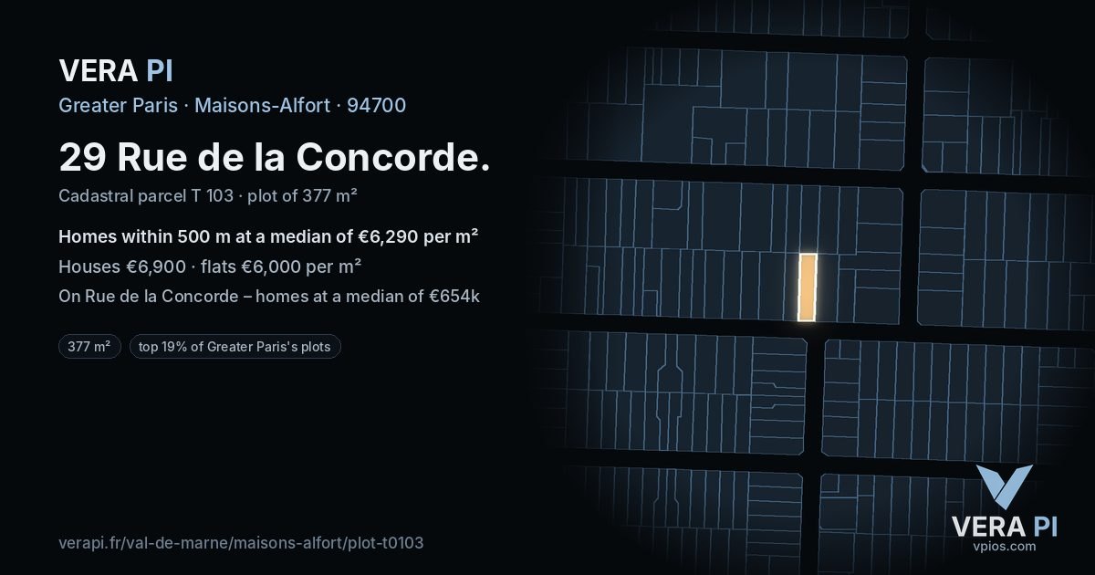 29 Rue de la Concorde, Maisons-Alfort at night – the plot lit, the parcels around coloured by the prices near them