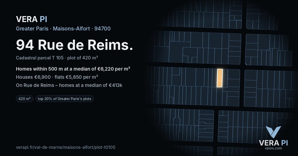 94 Rue de Reims, Maisons-Alfort at night – the plot lit, the parcels around coloured by the prices near them