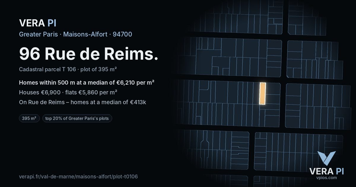 96 Rue de Reims, Maisons-Alfort at night – the plot lit, the parcels around coloured by the prices near them