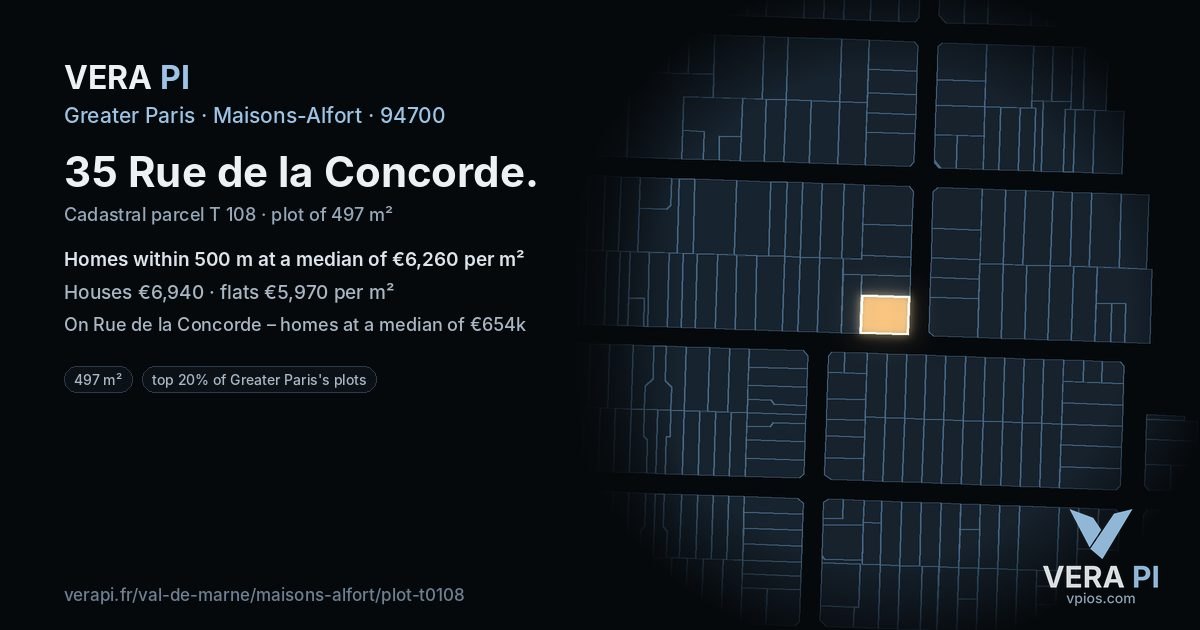 35 Rue de la Concorde, Maisons-Alfort at night – the plot lit, the parcels around coloured by the prices near them