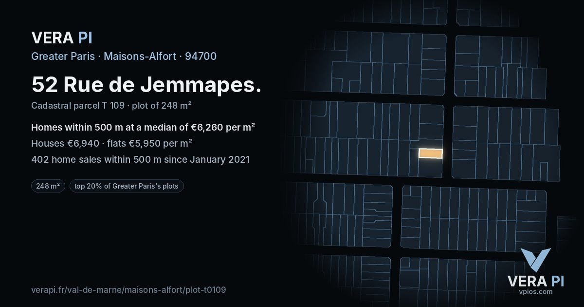 52 Rue de Jemmapes, Maisons-Alfort at night – the plot lit, the parcels around coloured by the prices near them