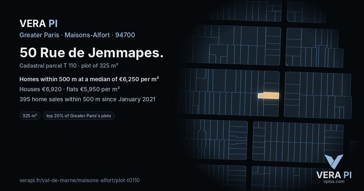 50 Rue de Jemmapes, Maisons-Alfort at night – the plot lit, the parcels around coloured by the prices near them