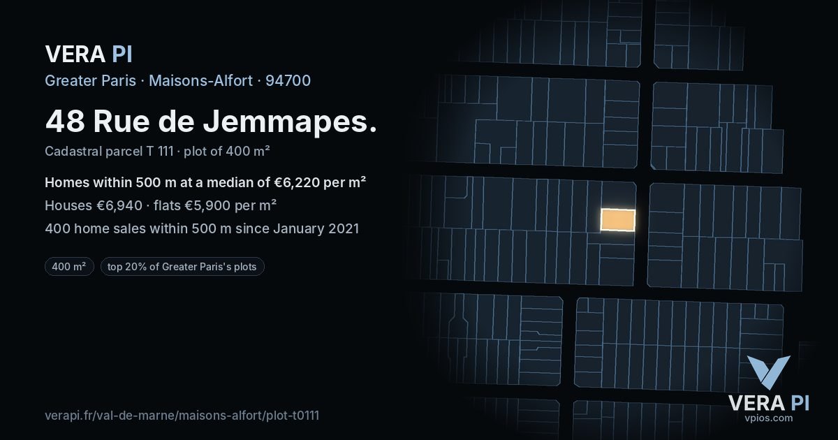 48 Rue de Jemmapes, Maisons-Alfort at night – the plot lit, the parcels around coloured by the prices near them