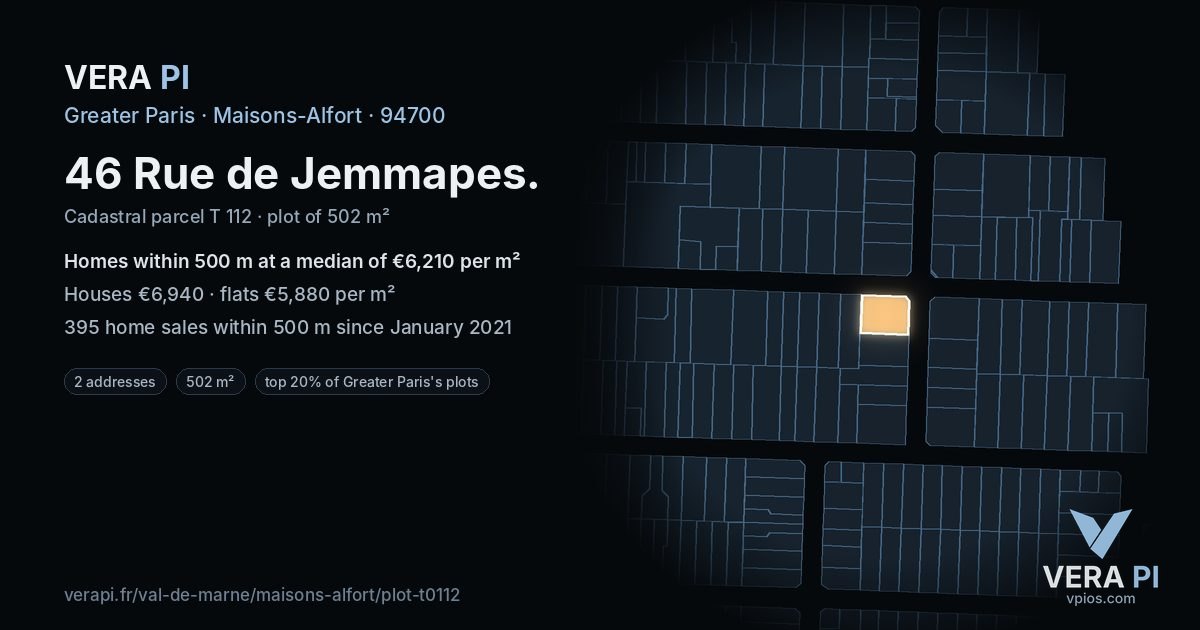 46 Rue de Jemmapes, Maisons-Alfort at night – the plot lit, the parcels around coloured by the prices near them