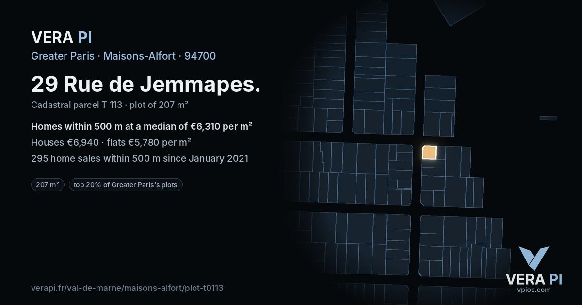 29 Rue de Jemmapes, Maisons-Alfort at night – the plot lit, the parcels around coloured by the prices near them