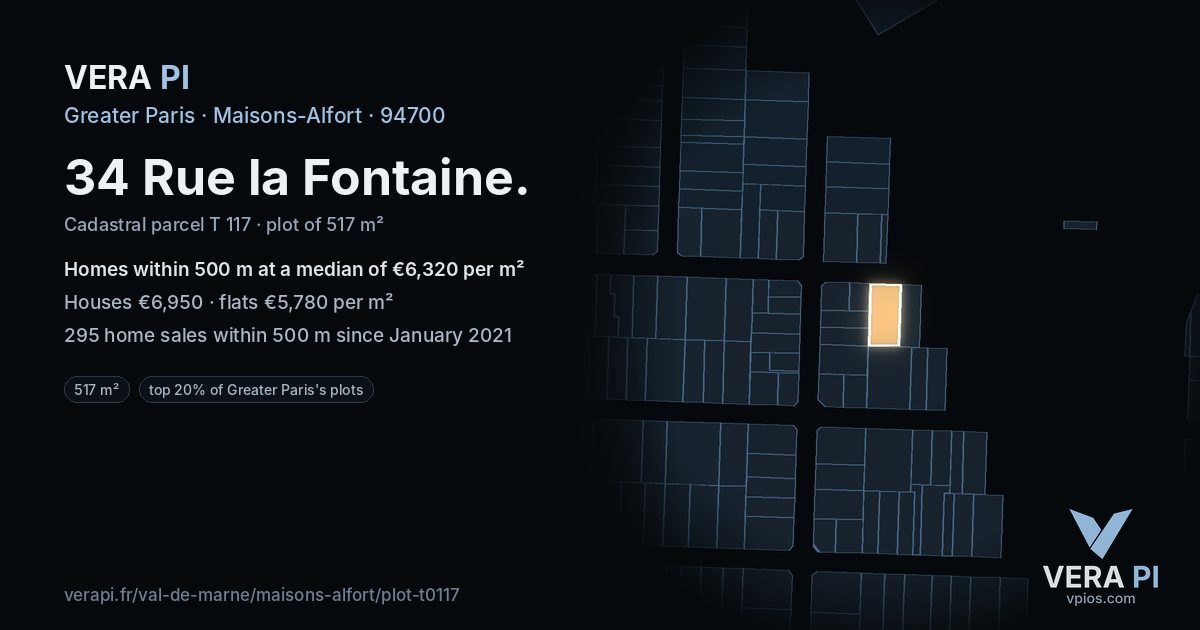 34 Rue la Fontaine, Maisons-Alfort at night – the plot lit, the parcels around coloured by the prices near them