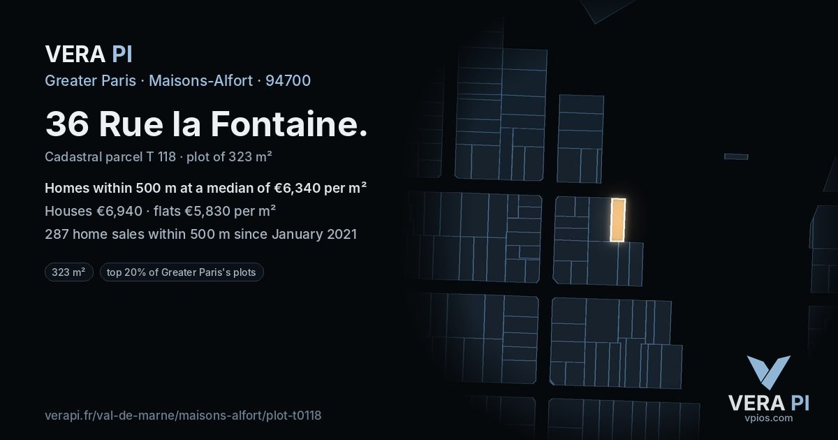 36 Rue la Fontaine, Maisons-Alfort at night – the plot lit, the parcels around coloured by the prices near them