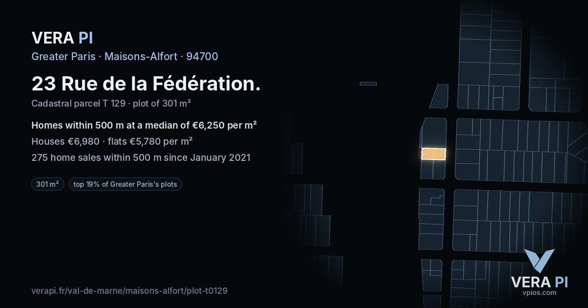 23 Rue de la Fédération, Maisons-Alfort at night – the plot lit, the parcels around coloured by the prices near them
