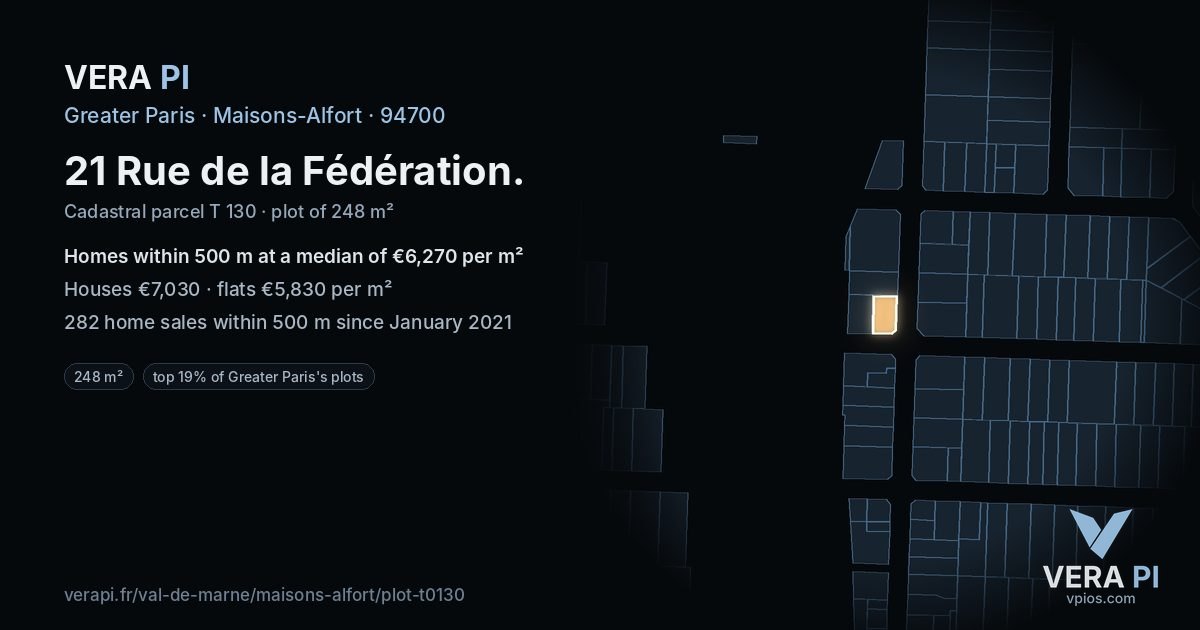 21 Rue de la Fédération, Maisons-Alfort at night – the plot lit, the parcels around coloured by the prices near them