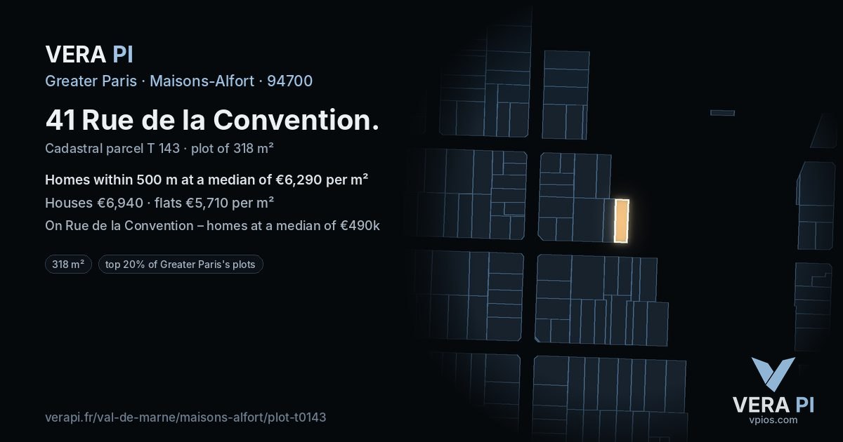 41 Rue de la Convention, Maisons-Alfort at night – the plot lit, the parcels around coloured by the prices near them