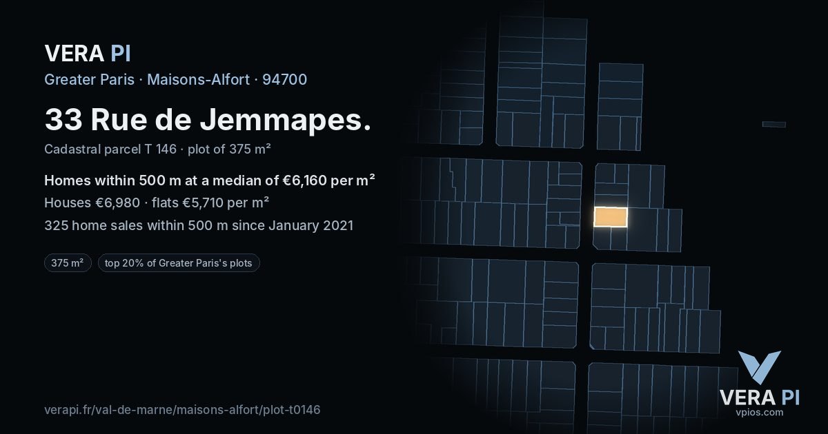 33 Rue de Jemmapes, Maisons-Alfort at night – the plot lit, the parcels around coloured by the prices near them