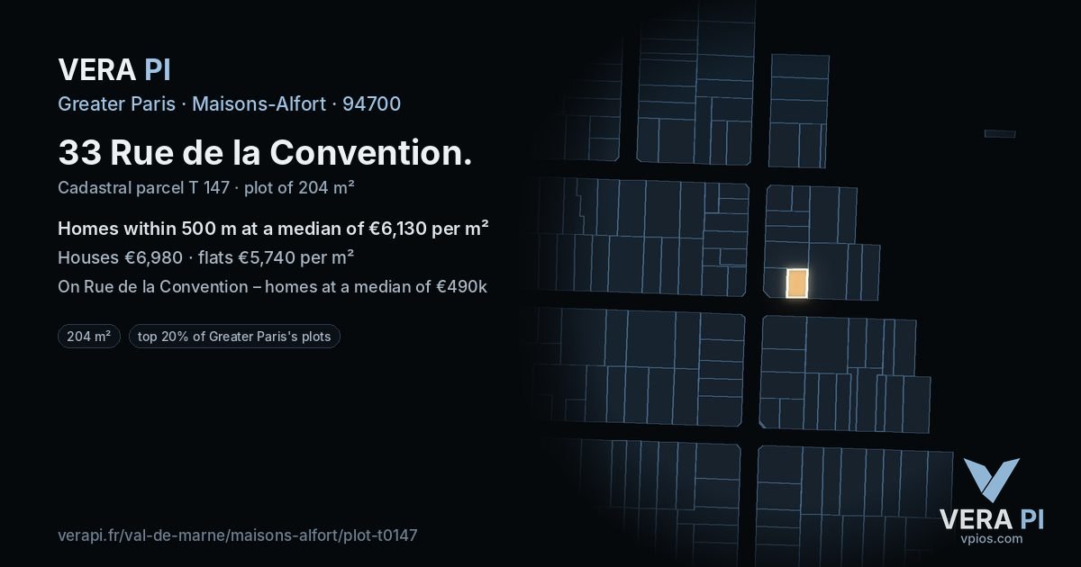 33 Rue de la Convention, Maisons-Alfort at night – the plot lit, the parcels around coloured by the prices near them