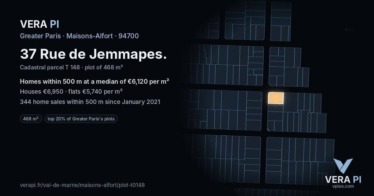 37 Rue de Jemmapes, Maisons-Alfort at night – the plot lit, the parcels around coloured by the prices near them