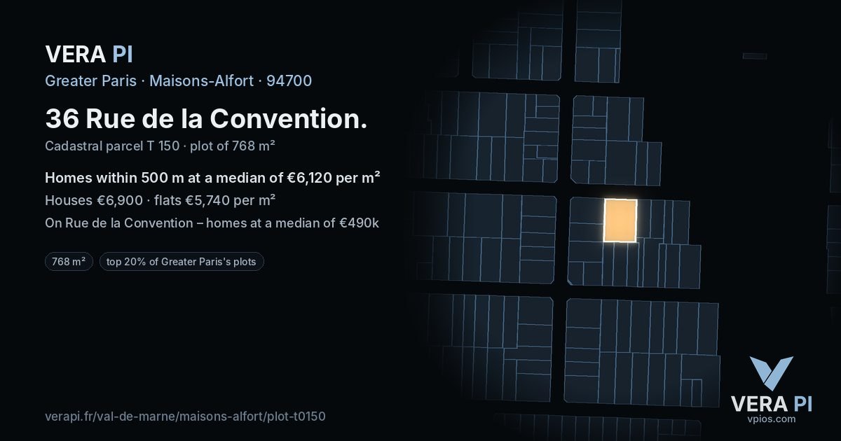 36 Rue de la Convention, Maisons-Alfort at night – the plot lit, the parcels around coloured by the prices near them