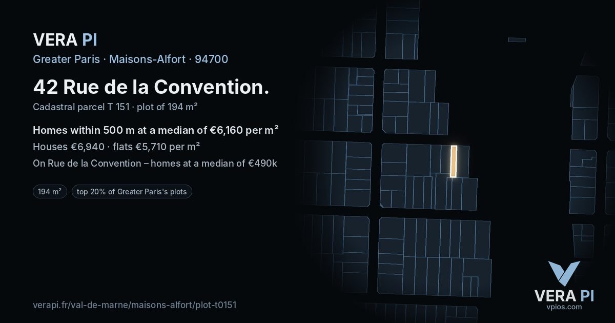42 Rue de la Convention, Maisons-Alfort at night – the plot lit, the parcels around coloured by the prices near them