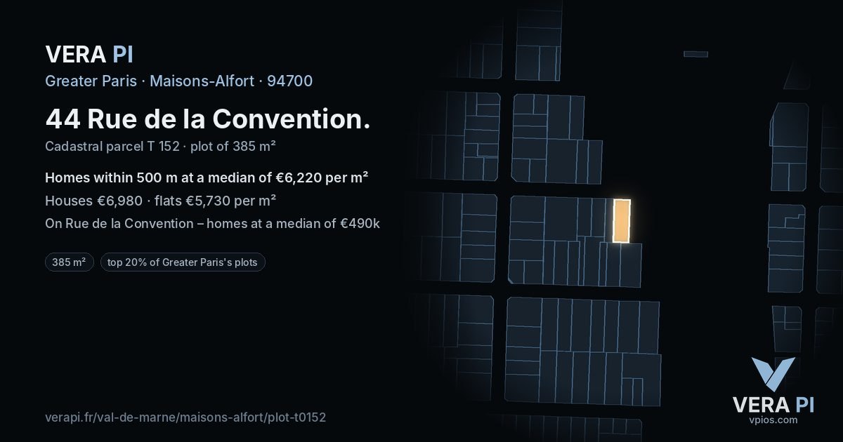 44 Rue de la Convention, Maisons-Alfort at night – the plot lit, the parcels around coloured by the prices near them