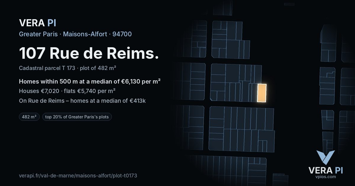 107 Rue de Reims, Maisons-Alfort at night – the plot lit, the parcels around coloured by the prices near them