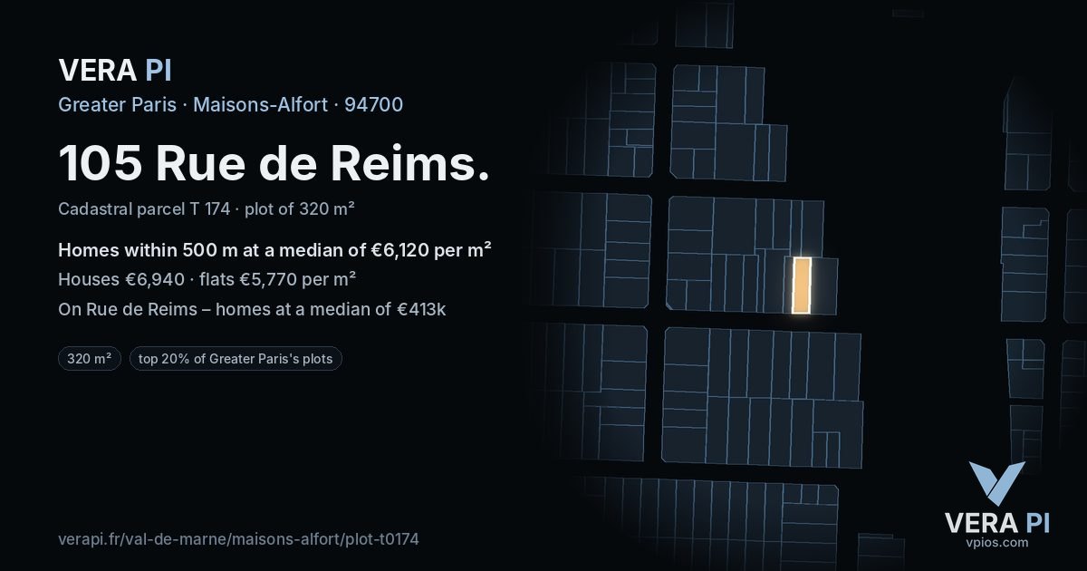 105 Rue de Reims, Maisons-Alfort at night – the plot lit, the parcels around coloured by the prices near them