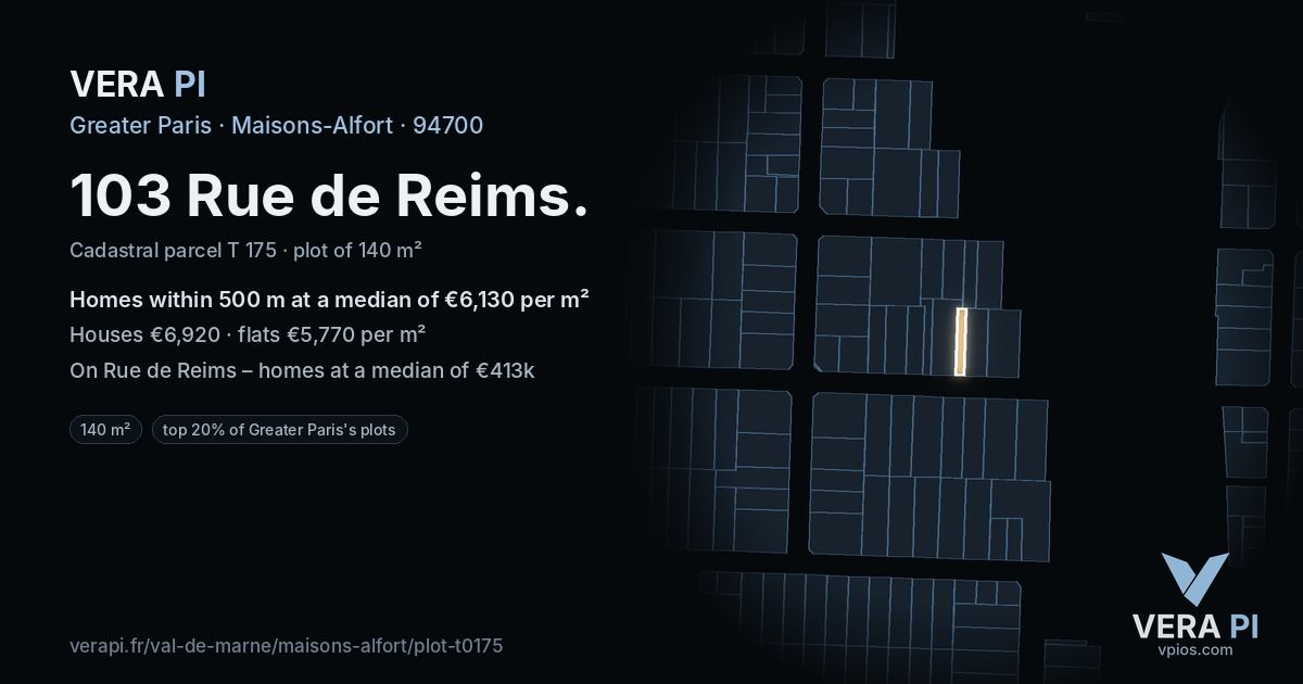 103 Rue de Reims, Maisons-Alfort at night – the plot lit, the parcels around coloured by the prices near them