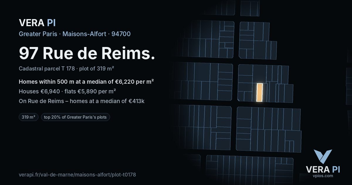 97 Rue de Reims, Maisons-Alfort at night – the plot lit, the parcels around coloured by the prices near them