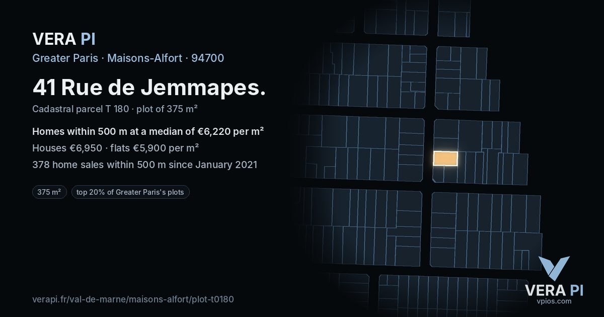 41 Rue de Jemmapes, Maisons-Alfort at night – the plot lit, the parcels around coloured by the prices near them