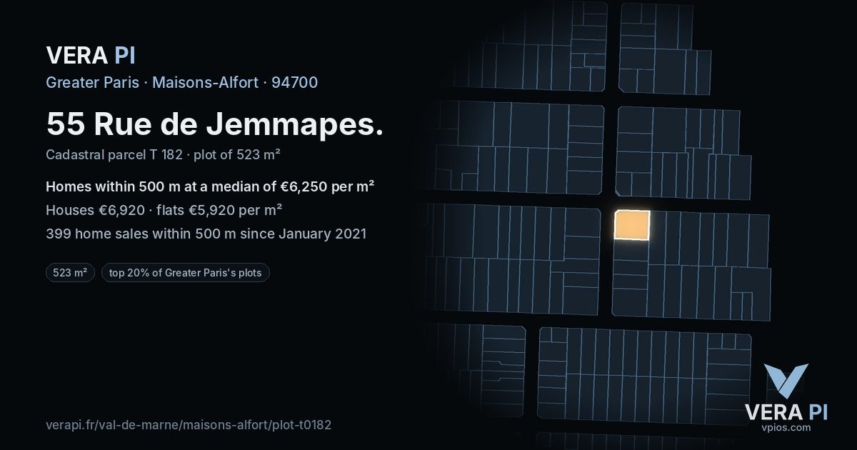 55 Rue de Jemmapes, Maisons-Alfort at night – the plot lit, the parcels around coloured by the prices near them