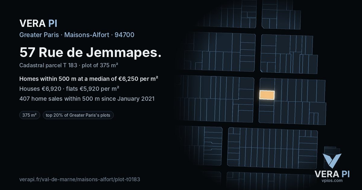57 Rue de Jemmapes, Maisons-Alfort at night – the plot lit, the parcels around coloured by the prices near them