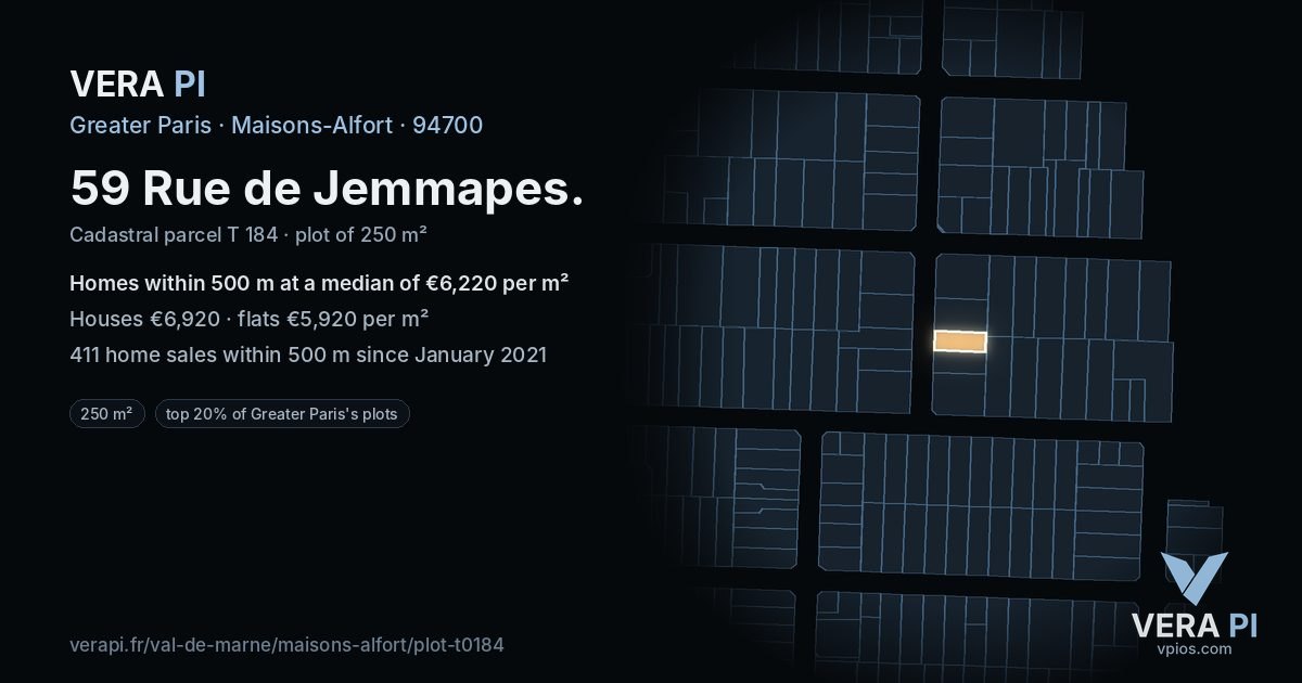 59 Rue de Jemmapes, Maisons-Alfort at night – the plot lit, the parcels around coloured by the prices near them