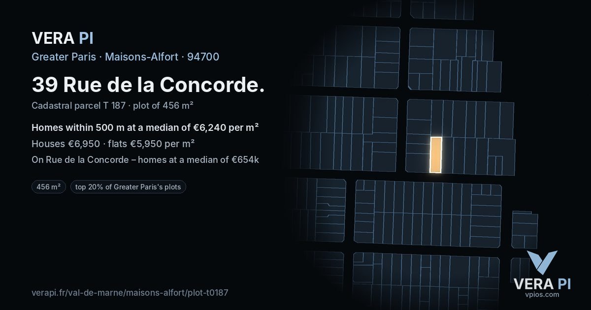 39 Rue de la Concorde, Maisons-Alfort at night – the plot lit, the parcels around coloured by the prices near them
