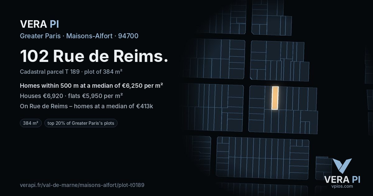 102 Rue de Reims, Maisons-Alfort at night – the plot lit, the parcels around coloured by the prices near them
