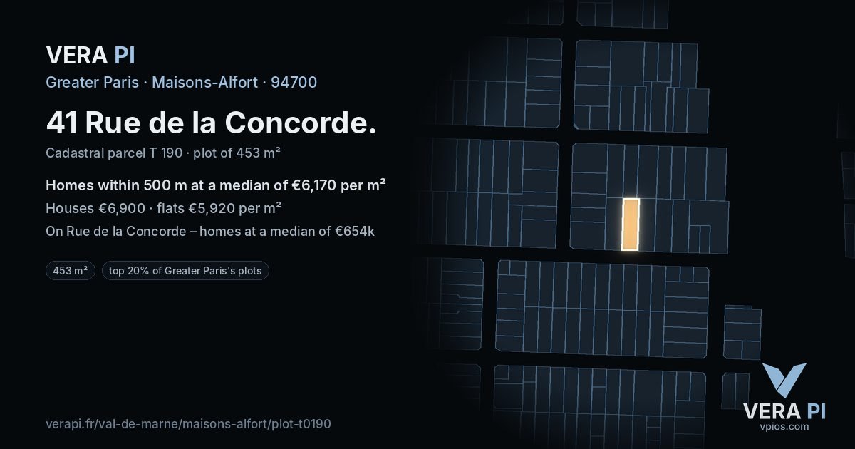 41 Rue de la Concorde, Maisons-Alfort at night – the plot lit, the parcels around coloured by the prices near them