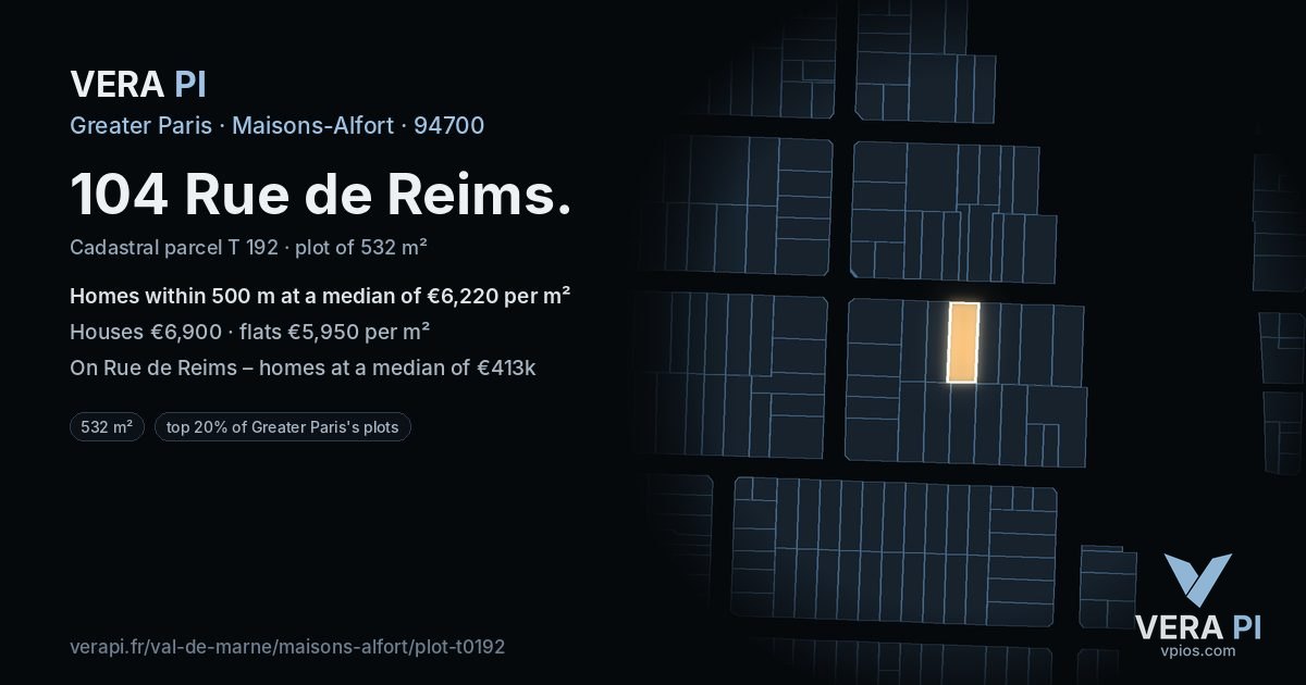 104 Rue de Reims, Maisons-Alfort at night – the plot lit, the parcels around coloured by the prices near them