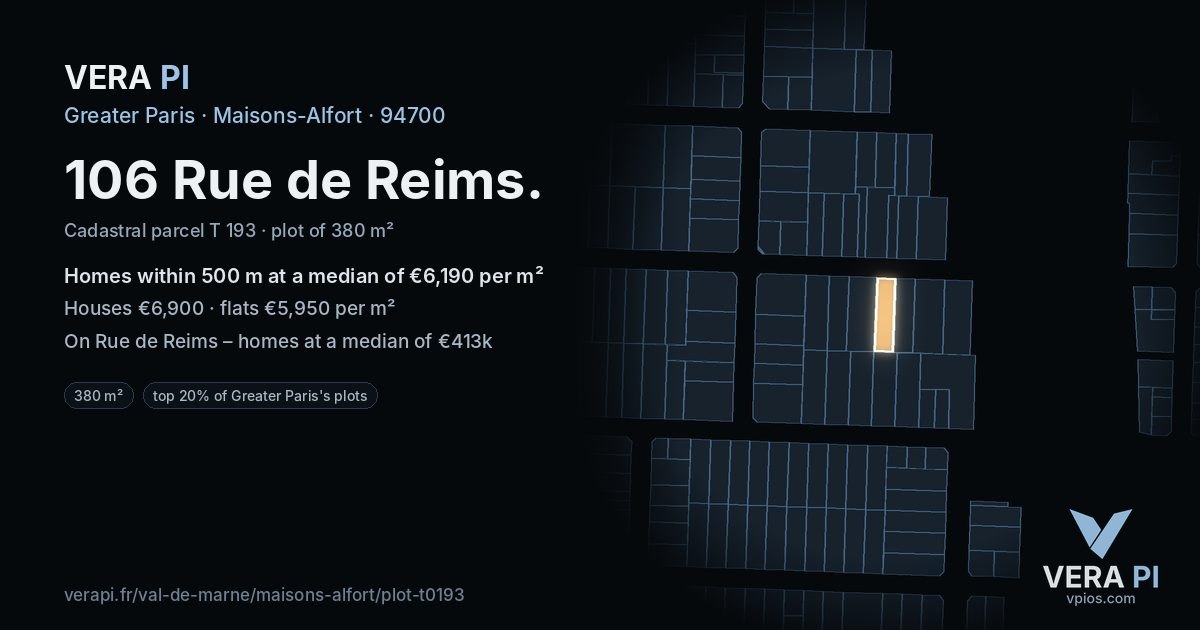 106 Rue de Reims, Maisons-Alfort at night – the plot lit, the parcels around coloured by the prices near them