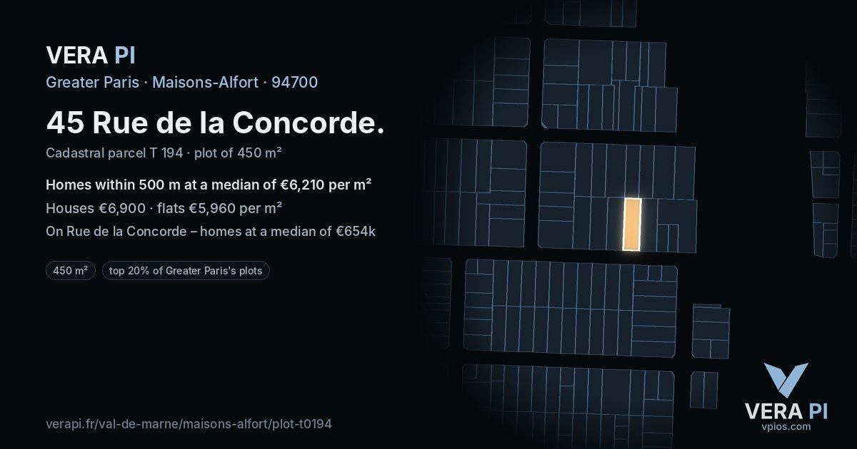 45 Rue de la Concorde, Maisons-Alfort at night – the plot lit, the parcels around coloured by the prices near them