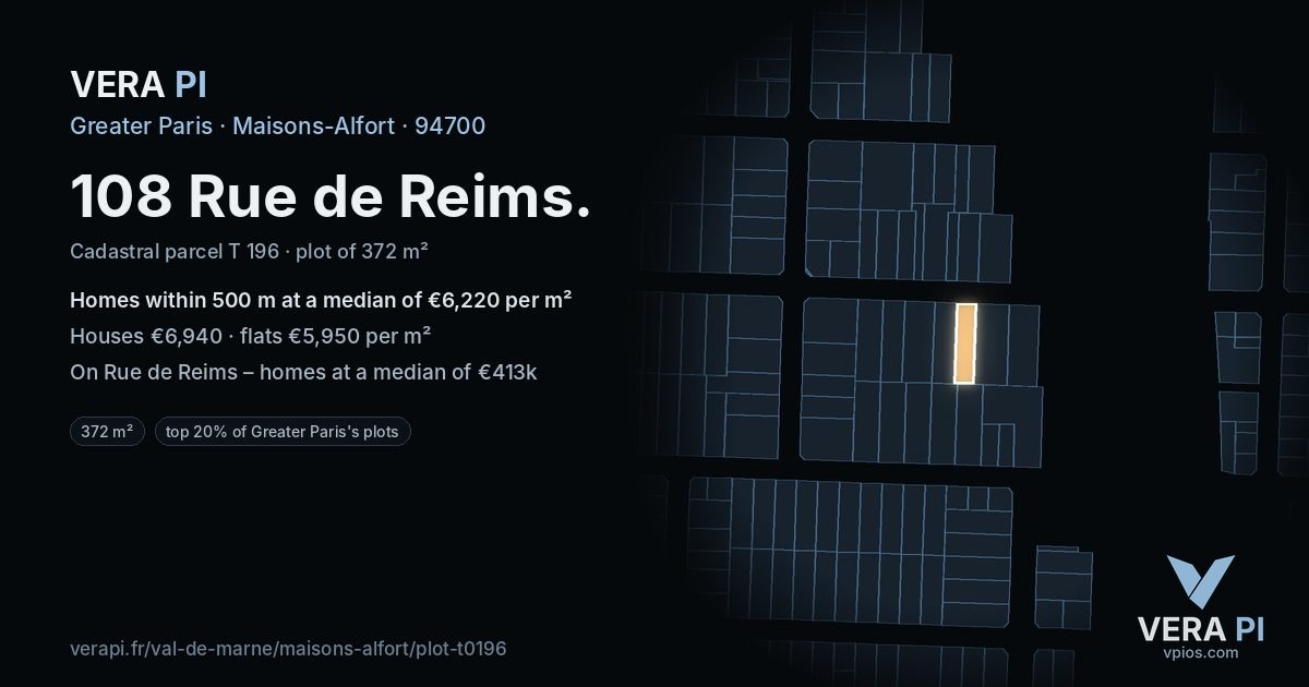 108 Rue de Reims, Maisons-Alfort at night – the plot lit, the parcels around coloured by the prices near them