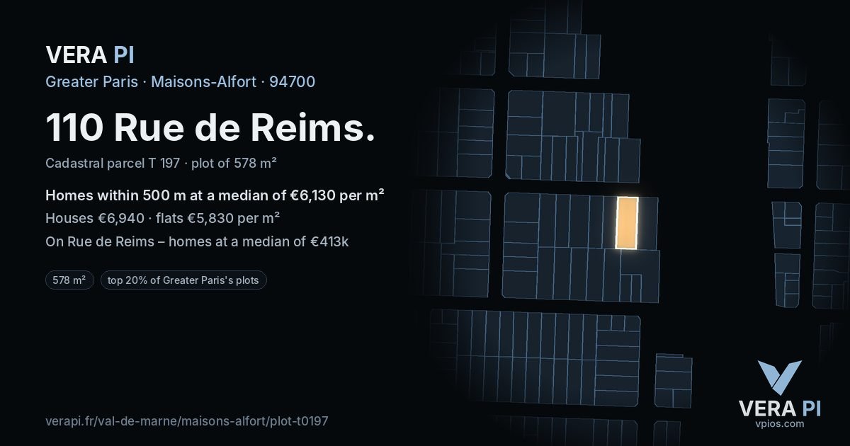 110 Rue de Reims, Maisons-Alfort at night – the plot lit, the parcels around coloured by the prices near them