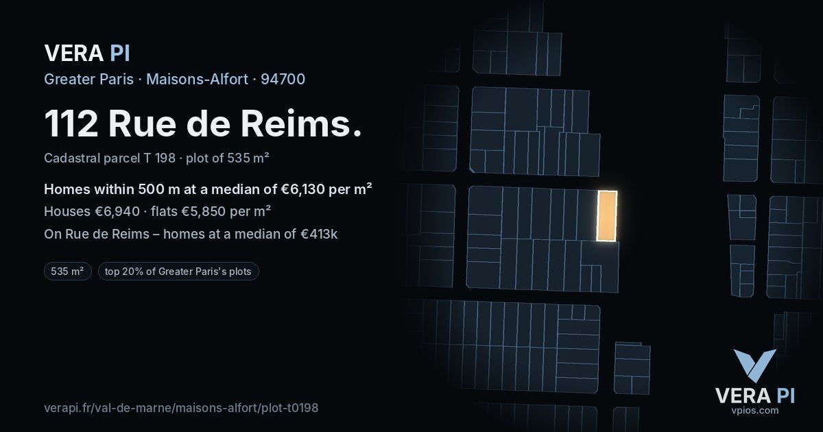 112 Rue de Reims, Maisons-Alfort at night – the plot lit, the parcels around coloured by the prices near them