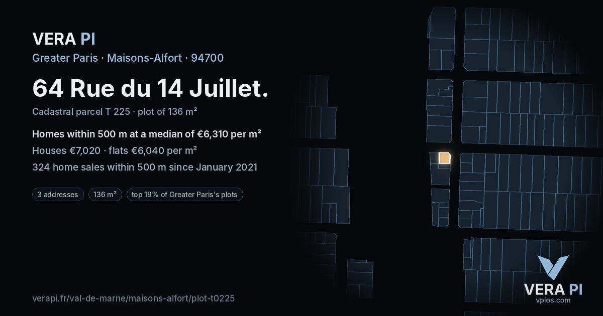 64 Rue du 14 Juillet, Maisons-Alfort at night – the plot lit, the parcels around coloured by the prices near them