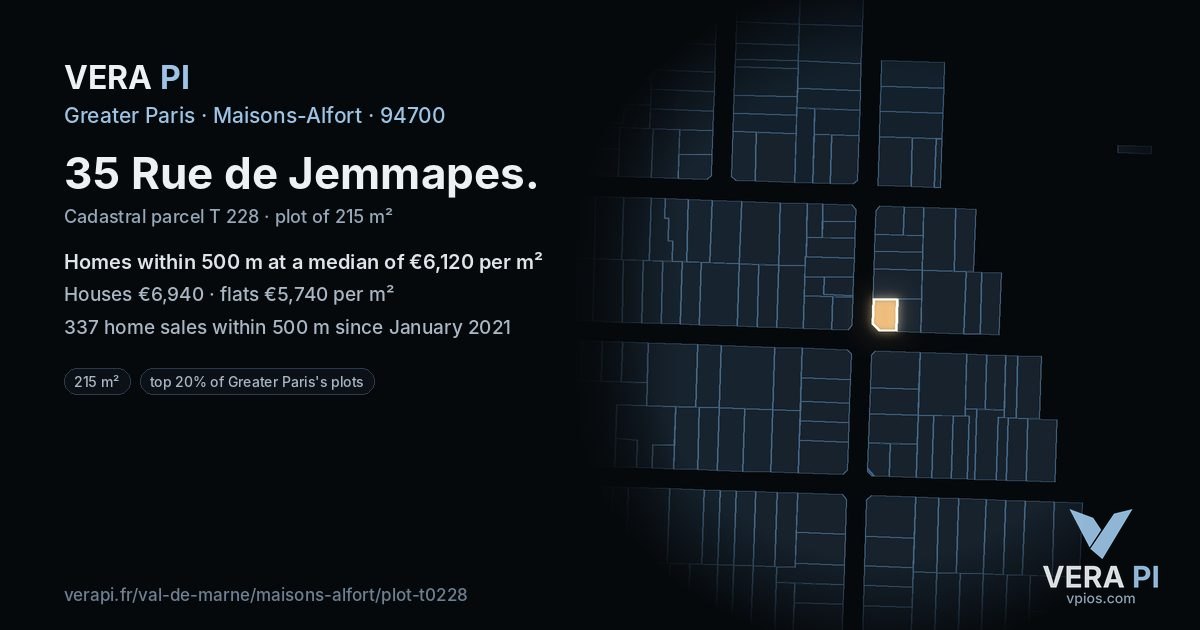 35 Rue de Jemmapes, Maisons-Alfort at night – the plot lit, the parcels around coloured by the prices near them