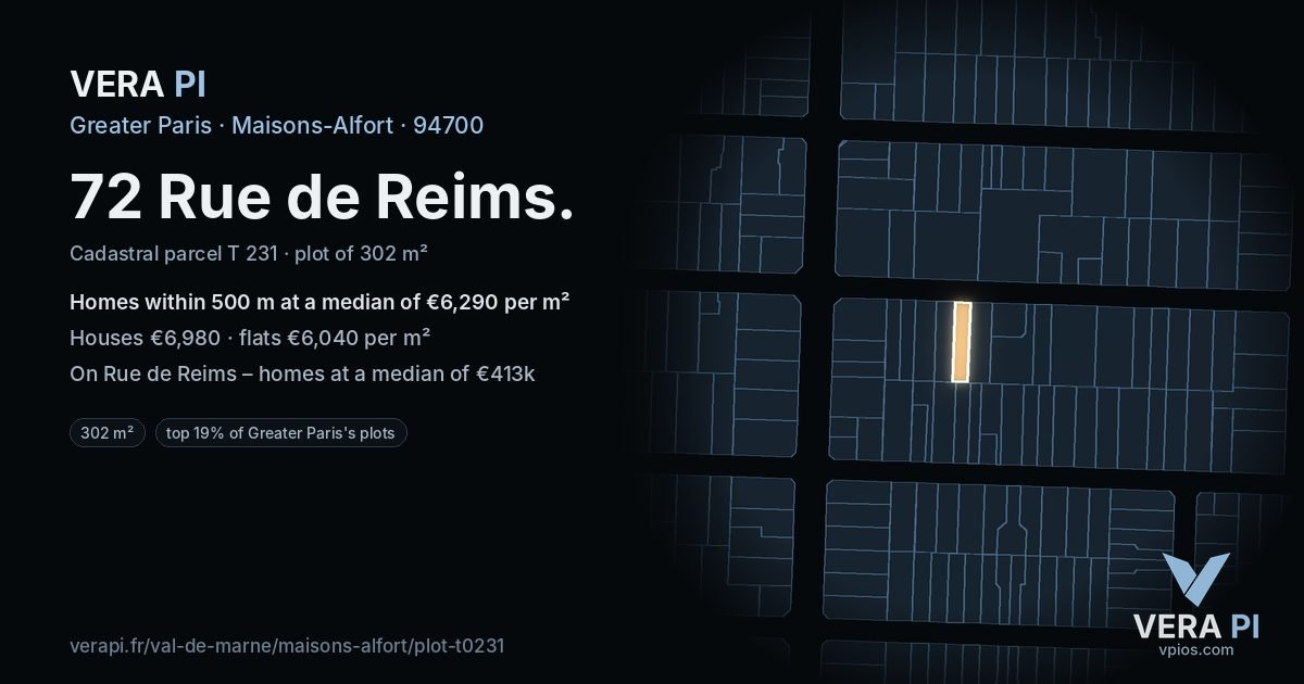 72 Rue de Reims, Maisons-Alfort at night – the plot lit, the parcels around coloured by the prices near them
