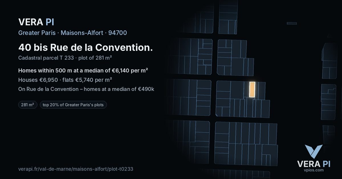 40 bis Rue de la Convention, Maisons-Alfort at night – the plot lit, the parcels around coloured by the prices near them