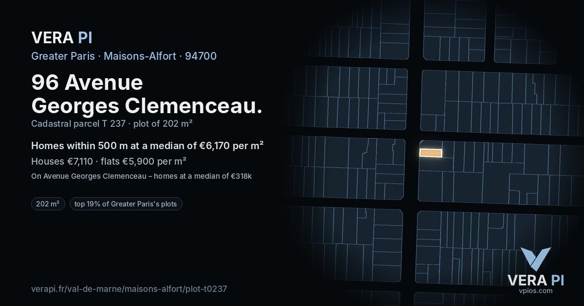 96 Avenue Georges Clemenceau, Maisons-Alfort at night – the plot lit, the parcels around coloured by the prices near them