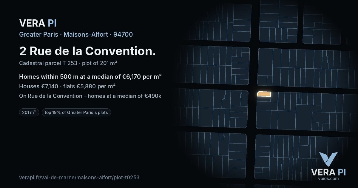 2 Rue de la Convention, Maisons-Alfort at night – the plot lit, the parcels around coloured by the prices near them
