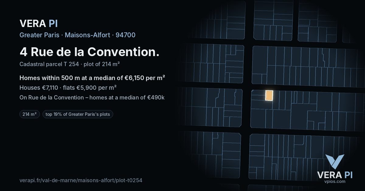 4 Rue de la Convention, Maisons-Alfort at night – the plot lit, the parcels around coloured by the prices near them