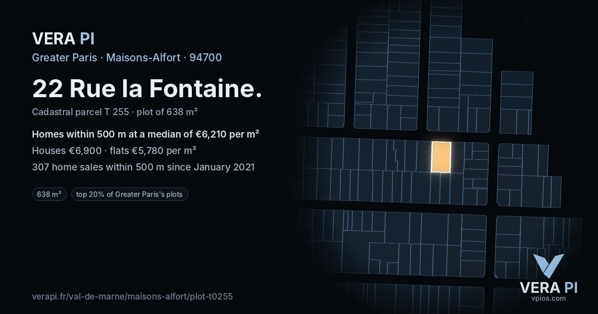 22 Rue la Fontaine, Maisons-Alfort at night – the plot lit, the parcels around coloured by the prices near them