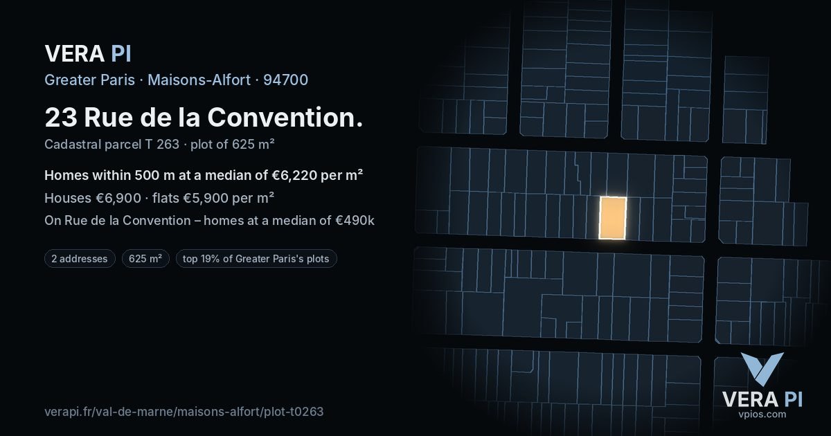 23 Rue de la Convention, Maisons-Alfort at night – the plot lit, the parcels around coloured by the prices near them