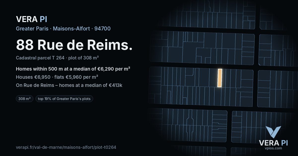 88 Rue de Reims, Maisons-Alfort at night – the plot lit, the parcels around coloured by the prices near them