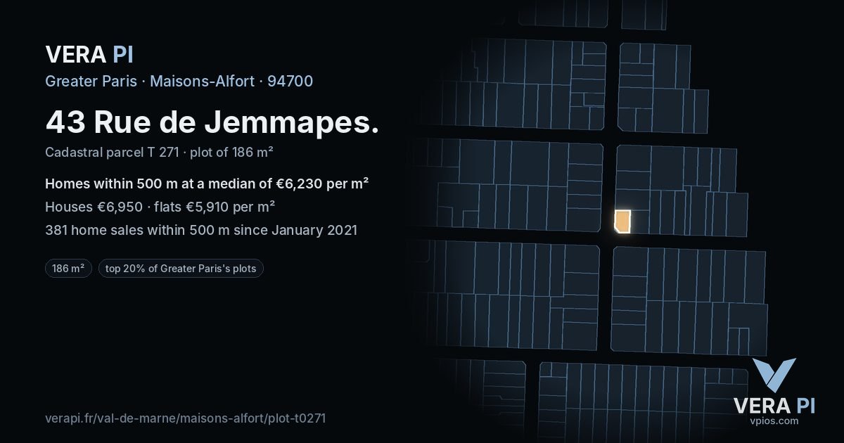 43 Rue de Jemmapes, Maisons-Alfort at night – the plot lit, the parcels around coloured by the prices near them