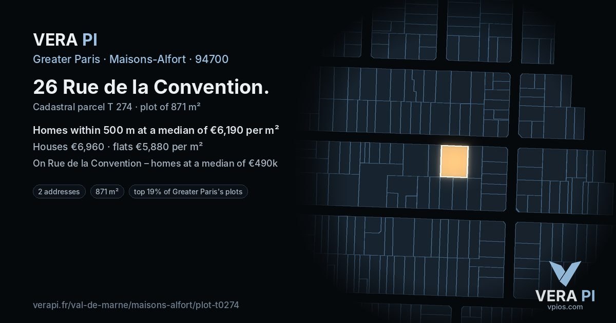 26 Rue de la Convention, Maisons-Alfort at night – the plot lit, the parcels around coloured by the prices near them