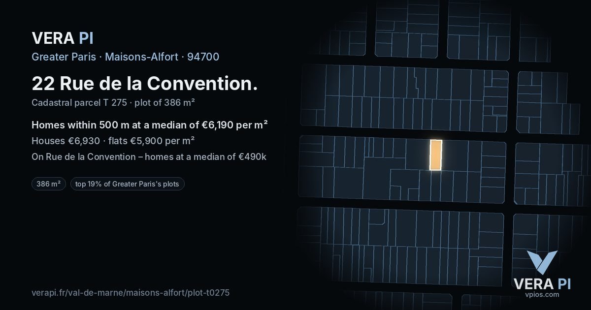 22 Rue de la Convention, Maisons-Alfort at night – the plot lit, the parcels around coloured by the prices near them